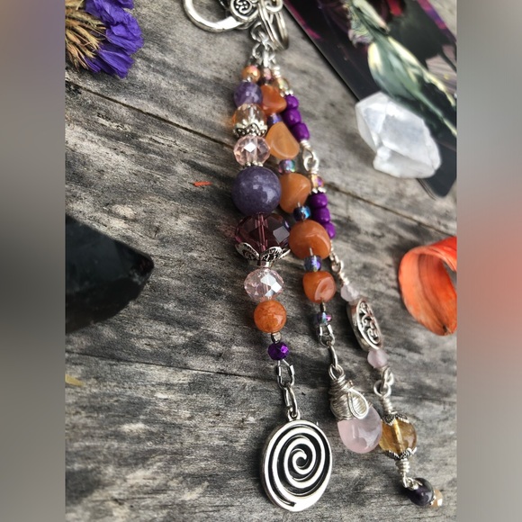 Red Aventurine Rose Quartz Mixed Crystal Gemstone Beaded Purse Charm Keychain - Picture 3 of 17